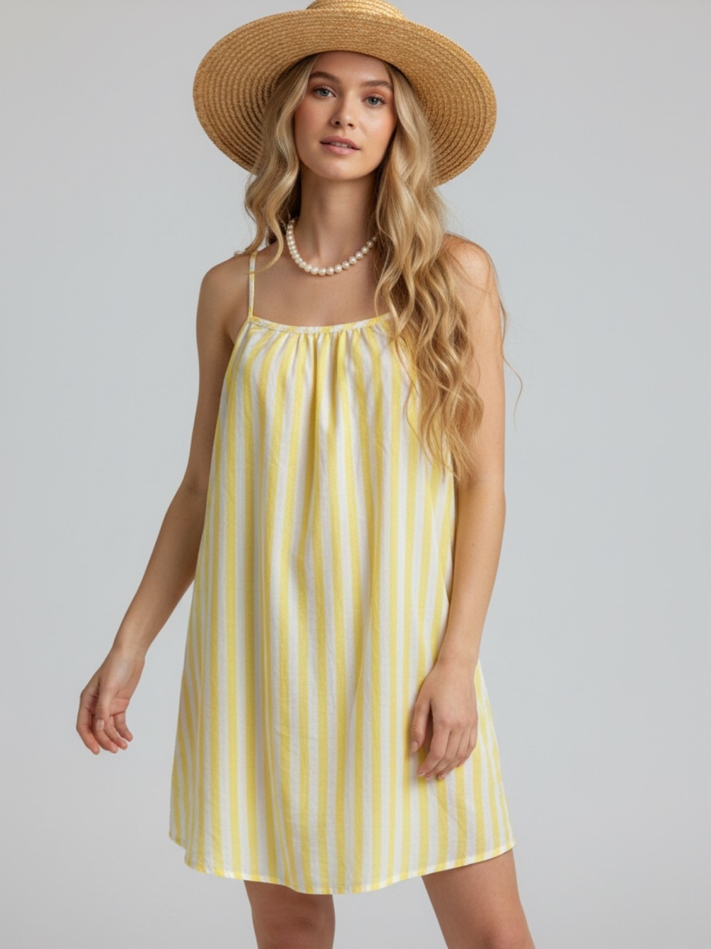 Women’s Yellow & White Striped Spaghetti Strap Camisole Dress